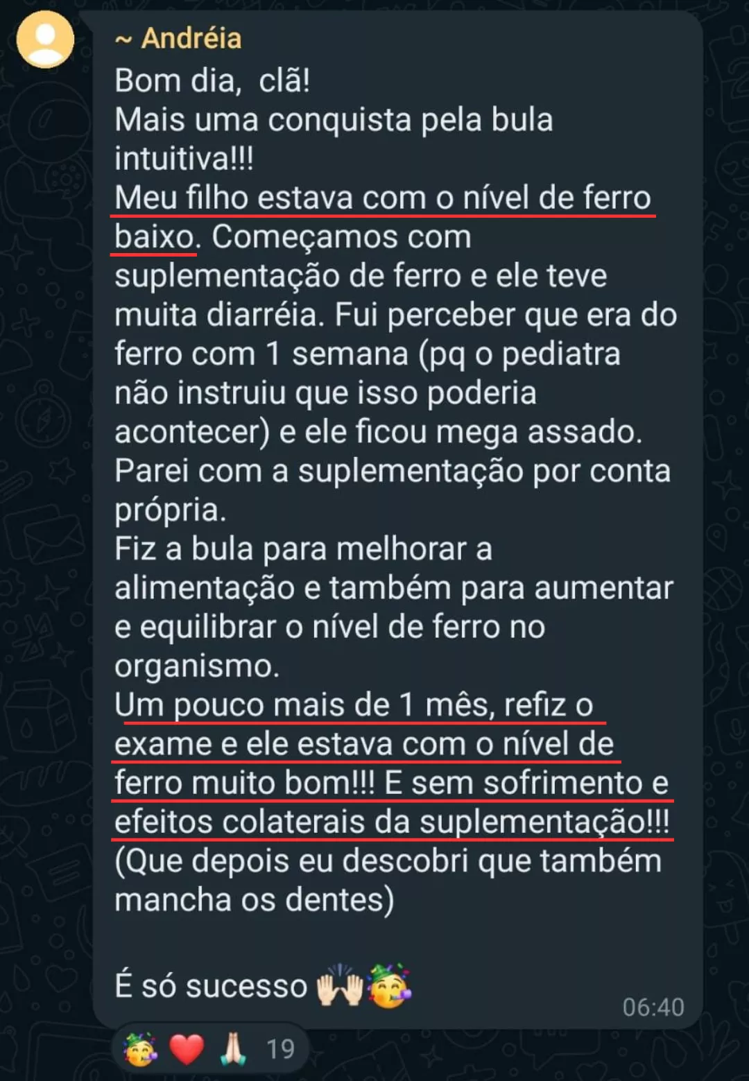 Depoimento - Níveis de ferro restaurados